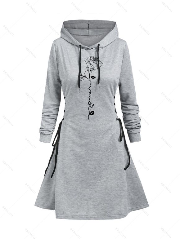 Robe Décontractée à Capuche Rose Imprimée à Manches Longues à Lacets - Gris Clair L | US 8-10