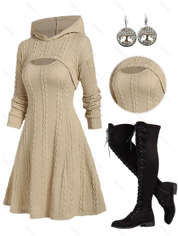 Hooded Cable Knit Sweater Dress And Lace Up Over The Knee Boots Life Tree Pattern Drop Earrings Outfit - café lumière S | US 4