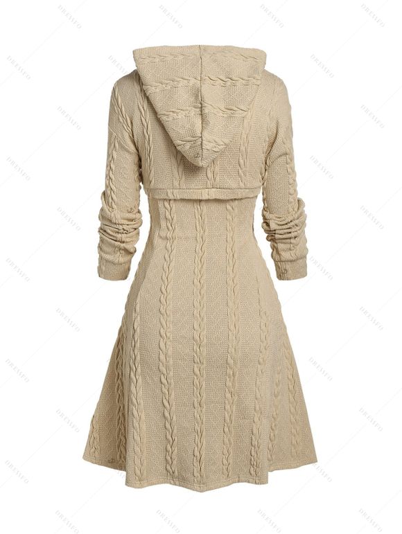 Hooded Cable Knit Sweater Dress And Lace Up Over The Knee Boots Life Tree Pattern Drop Earrings Outfit - café lumière S | US 4