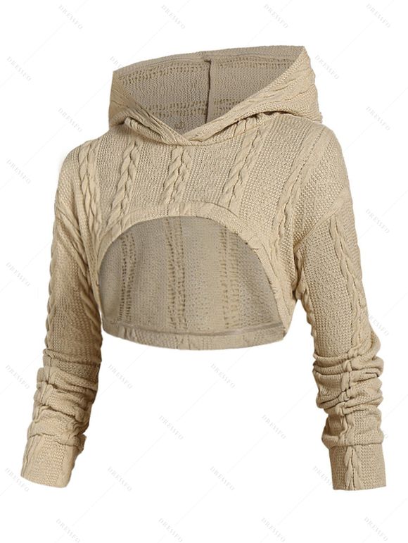 Hooded Cable Knit Sweater Dress And Lace Up Over The Knee Boots Life Tree Pattern Drop Earrings Outfit - café lumière S | US 4