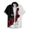 Chemise Bicolore Boutonnée Papillon et Rose Imprimés à Manches Courtes - Noir 4XL