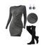 Ruched Tulip Hem Knit Bodycon Dress And Lace Up Over The Knee Boots Life Tree Pattern Drop Earrings Outfit - Gris S | US 4