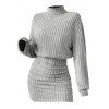 Long Sleeve Turtleneck Mini Blouson Dress And Sheer Fleece-Lined Tights Effect Leggings  Lace Up Over The Knee Boots Outfit - Gris Clair S | US 4