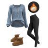 Half Button Ribbed Long Sleeve Top And Fleece-Lined Slim Fit Leggings Plush Lining Warm Boots Outfit - Bleu gris S | US 4