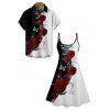 Two Tone Rose Butterfly Print A Line Mini Dress And Short Sleeve Shirt Matching Outfit - Noir S | US 4