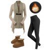 Cable Knit Asymmetrical Buckle Long Sleeve Cardigan And Fleece-lined Leggings Plush Lining Boots Outfit - café lumière S | US 4