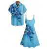 Butterfly Flower Print V Neck Mini Vacation Dress And Short Sleeve Shirt Matching Outfit - Bleu clair S | US 4