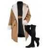 Faux Fur Liner Drop Shoulder Long Coat And Turtleneck Mini Sweater Dress Lace Up Over The Knee Boots Outfit - café lumière S | US 4