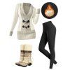 Contrast Color Mock Horn Button Plunge Neck Sweater And Fleece-lined Leggings Faux Fur Warmth Mid-calf Boots Outfit - Beige S | US 4