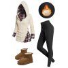 Twisted Cable Knit Plaid Ruched Hooded Sweater And Fleece-lined Leggings Plushing Lining Warm Boots Outfit - Beige S | US 4