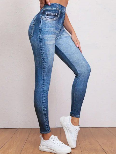 Faux Denim 3D Print High Waist Skinny Jeggings