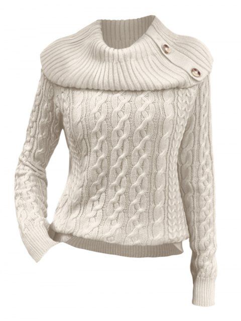 Raglan Sleeve Convertible Neck Mock Button Cable Knit Pullover Sweater