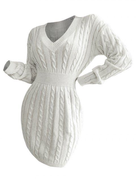 Mini Robe en Tricot à Câble en Couleur Unie à Goutte Epaule à Taille Plissée