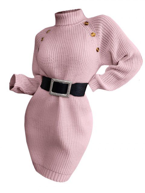 Raglan Sleeve Turtleneck Mini Sweater Dress Solid Color Mock Button Straight Dress