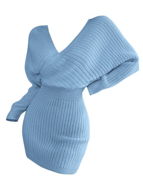Mini Robe Pull Moulante Superposée en Couleur Unie Manches Chauve-souris à Col Plongeant