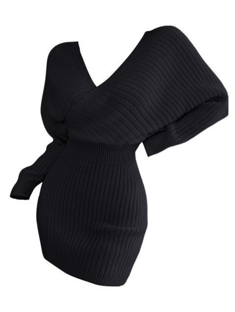 Surplice Plunge Neck Batwing Sleeve Sweater Dress Solid Color Ribbed Mini Bodycon Dress