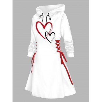 Valentine`s Day Contrast Heart Print Lace Up Mini Hooded Dress 
