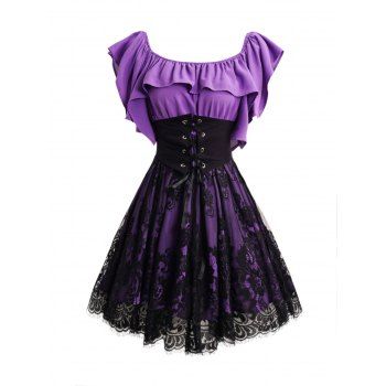 Mesh Overlay Ruffles Short Sleeve Lace-Up Dress Corset Belt Layered Square Neck Mini Dress 