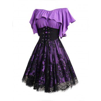 Mesh Overlay Ruffles Short Sleeve Lace-Up Dress Corset Belt Layered Square Neck Mini Dress 