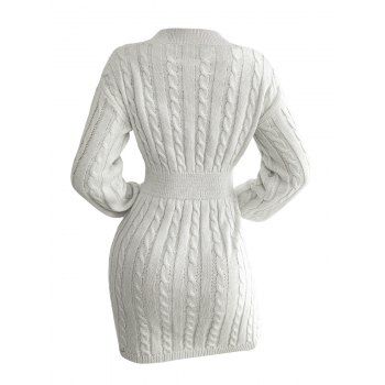 Drop Shoulder Cable Knit Sweater V Neck Solid Color Smock Waist Mini Dress 