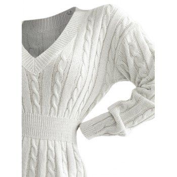 Drop Shoulder Cable Knit Sweater V Neck Solid Color Smock Waist Mini Dress 
