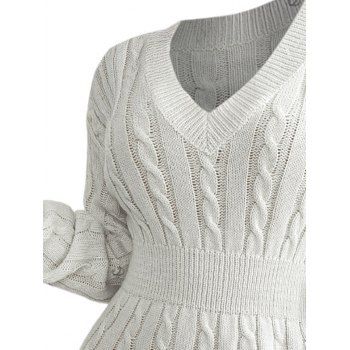 Drop Shoulder Cable Knit Sweater V Neck Solid Color Smock Waist Mini Dress 