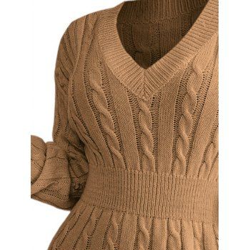 Drop Shoulder Cable Knit Sweater V Neck Solid Color Smock Waist Mini Dress 