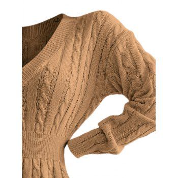 Drop Shoulder Cable Knit Sweater V Neck Solid Color Smock Waist Mini Dress 