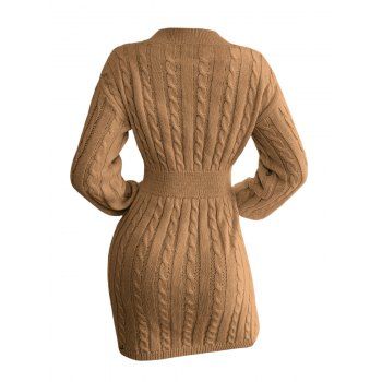 Drop Shoulder Cable Knit Sweater V Neck Solid Color Smock Waist Mini Dress 