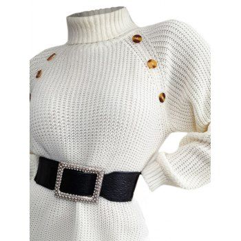 Raglan Sleeve Turtleneck Mini Sweater Dress Solid Color Mock Button Straight Dress