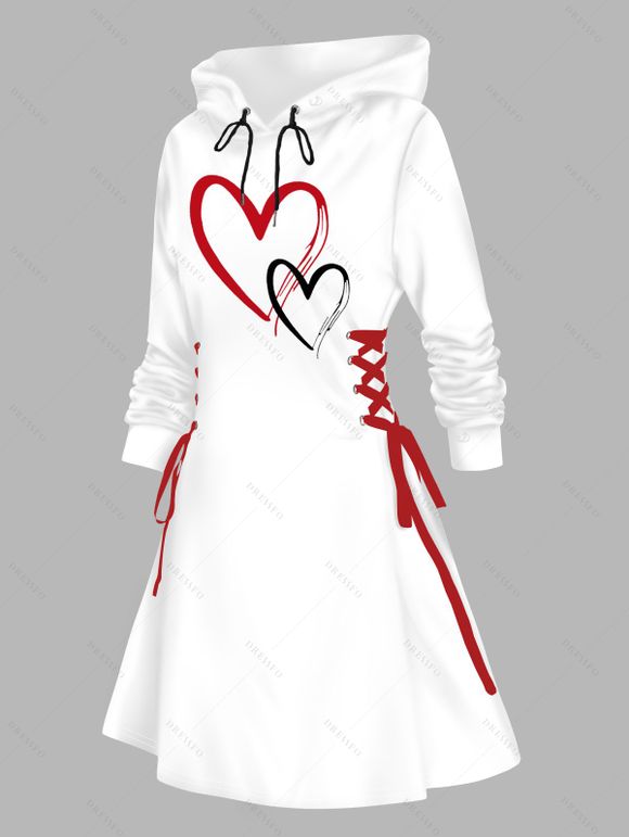 Mini Robe à Capuche Cœur Contrasté Imprimé Saint-Valentin à Lacets - Blanc XXL | US 14