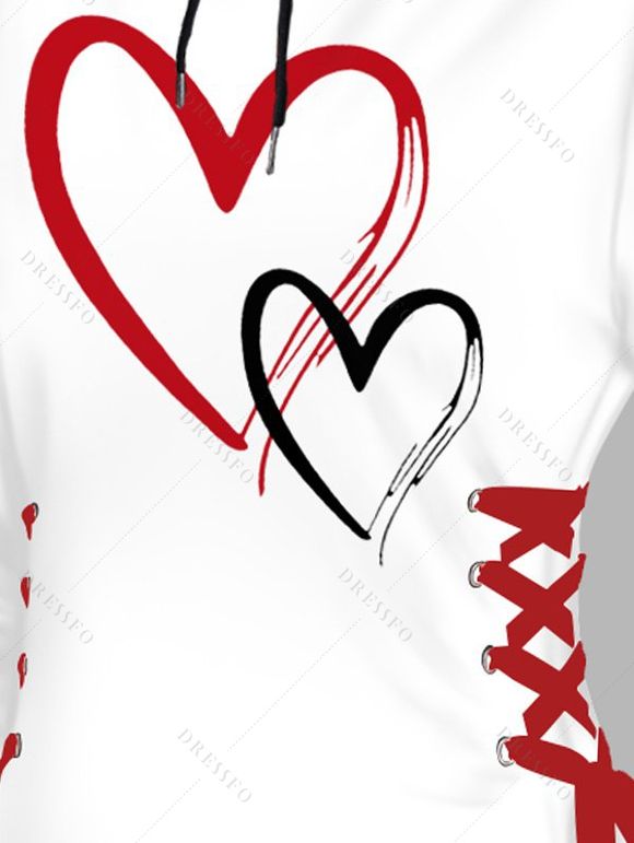 Mini Robe à Capuche Cœur Contrasté Imprimé Saint-Valentin à Lacets - Blanc XXL | US 14