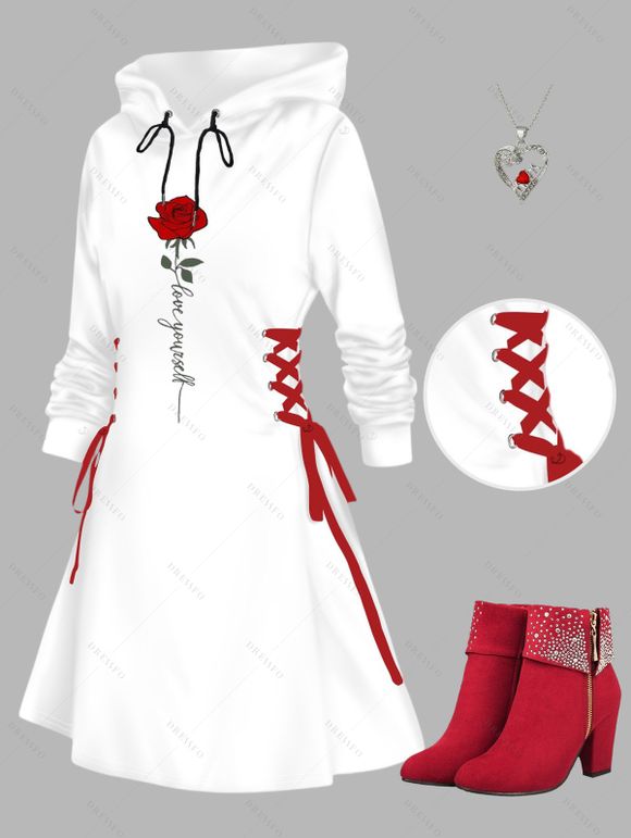 Valentine's Day Rose Print Hooded Mini Dress And Rhinestones Ankle Boots Heart Rose Chain Necklace Outfit - Rouge S | US 4