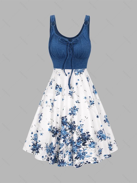 Flower Print Contrast Color Lace Up O Ring Mini Dress And Rhinestones Ankle Boots Tree of Life Drop Earrings Outfit - multicolor B S | US 4