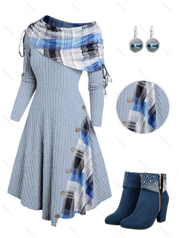 Plaid Print Mock Button Ribbed Cinched A Line Dress And Rhinestone Ankle Boots Life Tree Earrings Outfit - Bleu gris S | US 4