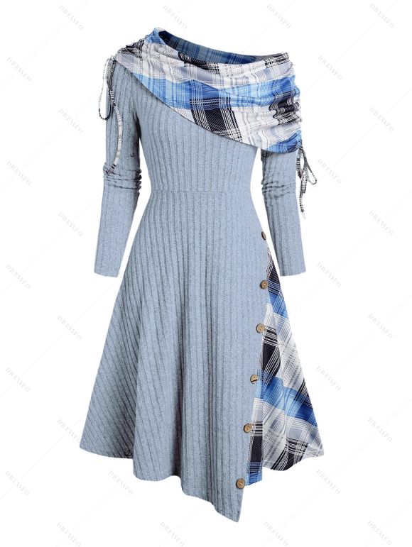 Plaid Print Mock Button Ribbed Cinched A Line Dress And Rhinestone Ankle Boots Life Tree Earrings Outfit - Bleu gris S | US 4