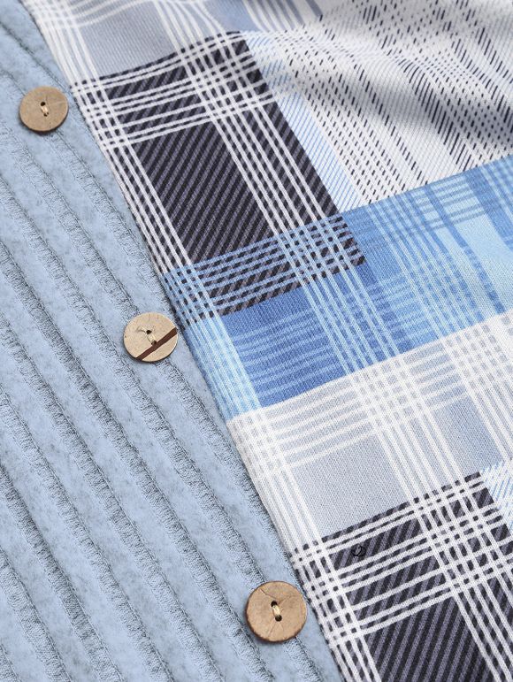 Plaid Print Mock Button Ribbed Cinched A Line Dress And Rhinestone Ankle Boots Life Tree Earrings Outfit - Bleu gris S | US 4