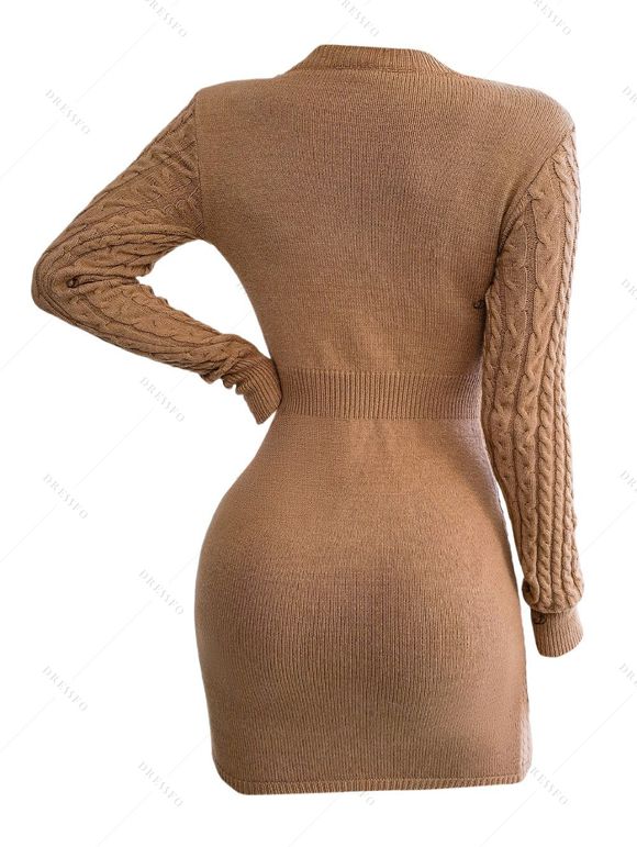 Mini Robe Moulante Découpée en Tricot à Câble en Couleur Unie à Manches Longues - café L | US 8