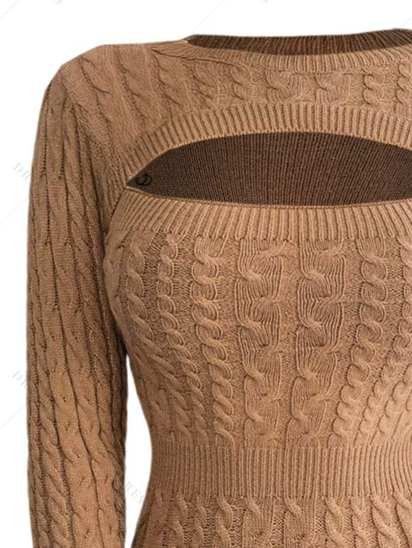 Mini Robe Moulante Découpée en Tricot à Câble en Couleur Unie à Manches Longues - café L | US 8