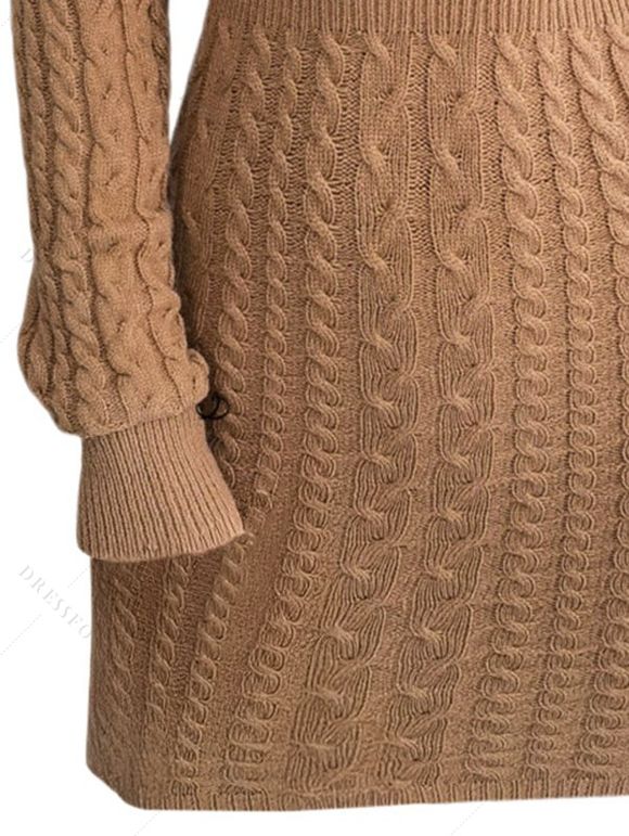 Mini Robe Moulante Découpée en Tricot à Câble en Couleur Unie à Manches Longues - café L | US 8