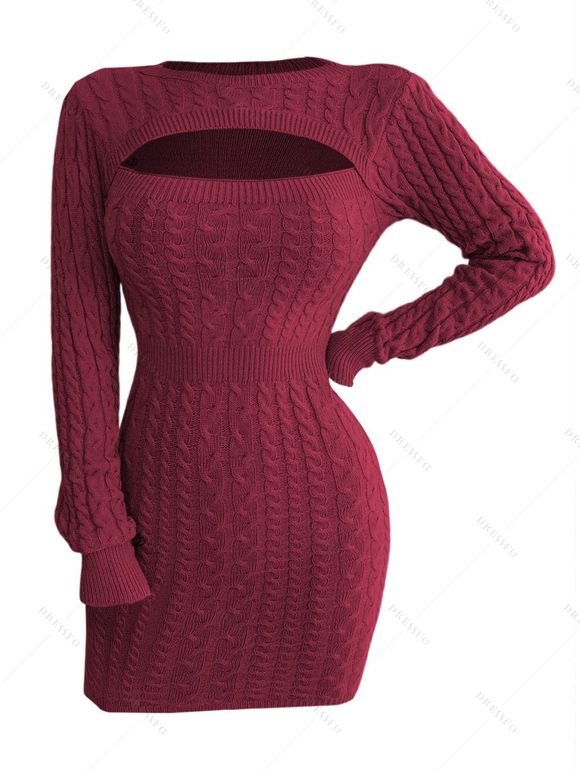 Mini Robe Moulante Découpée en Tricot à Câble en Couleur Unie à Manches Longues - Rouge foncé L | US 8