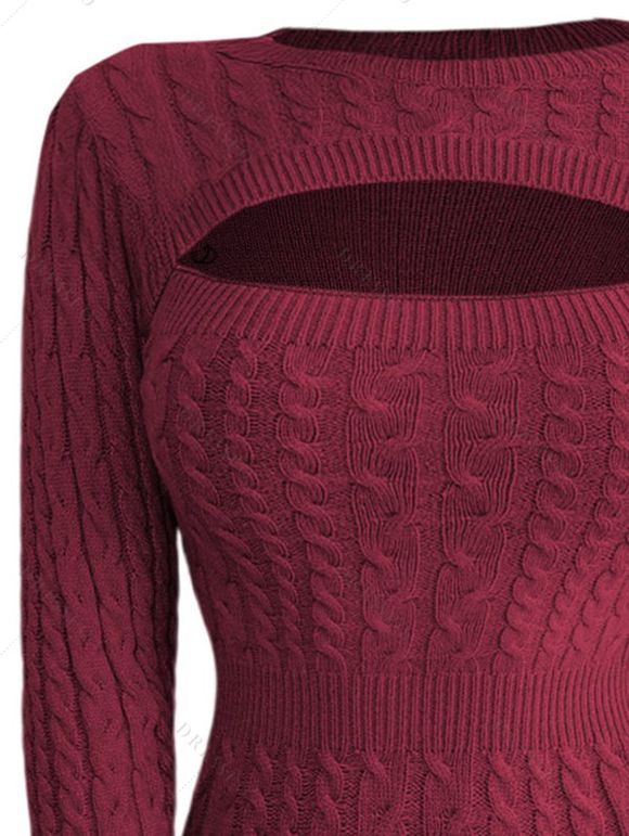 Mini Robe Moulante Découpée en Tricot à Câble en Couleur Unie à Manches Longues - Rouge foncé L | US 8