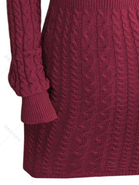 Mini Robe Moulante Découpée en Tricot à Câble en Couleur Unie à Manches Longues - Rouge foncé L | US 8
