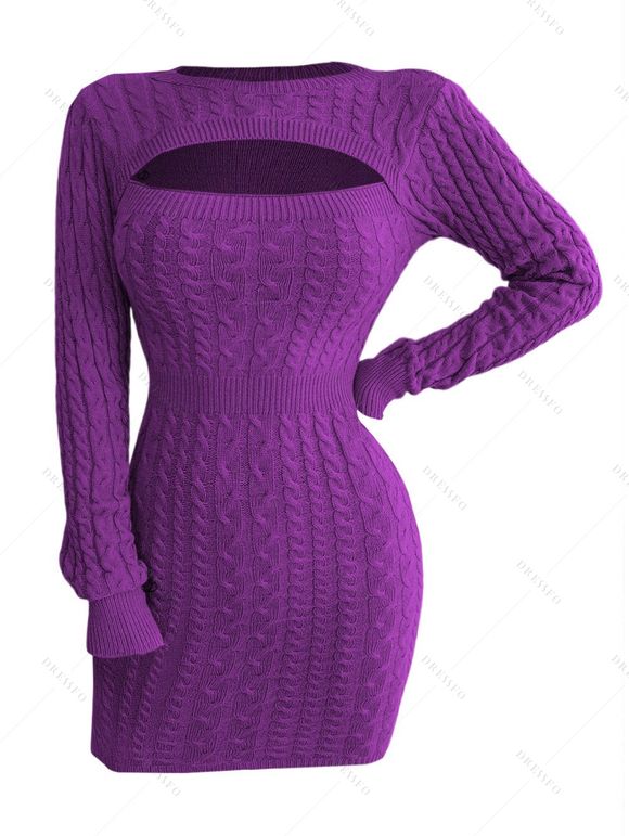 Cable Knit Cut Out Mini Sweater Dress Solid Color Long Sleeve Bodycon Dress - PURPLE L | US 8