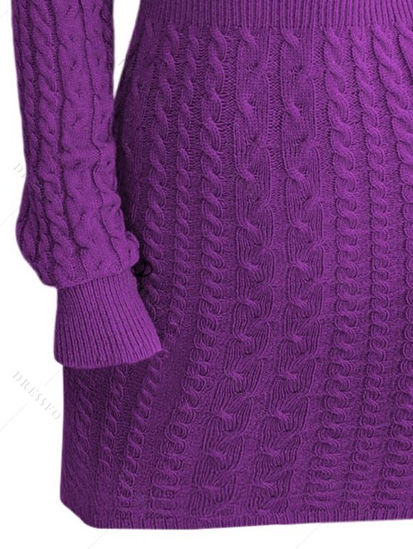 Mini Robe Moulante Découpée en Tricot à Câble en Couleur Unie à Manches Longues - Pourpre L | US 8