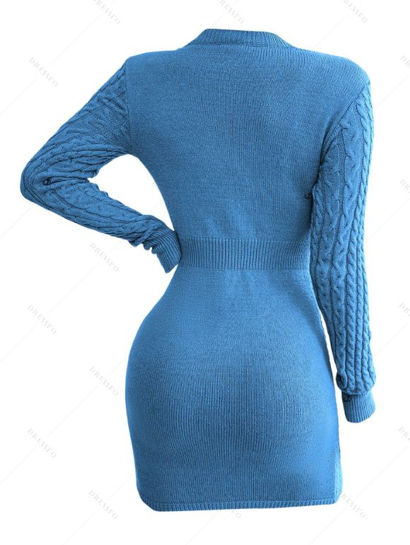 Mini Robe Moulante Découpée en Tricot à Câble en Couleur Unie à Manches Longues - Bleu Ciel M | US 6