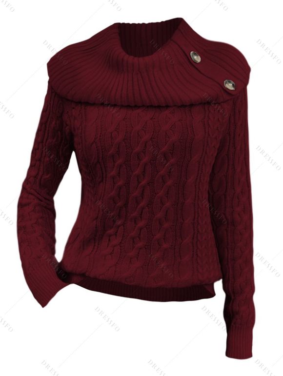 Pull Convertible en Tricot à Câble Manches Raglan à Col Montant - Rouge foncé XL | US 10