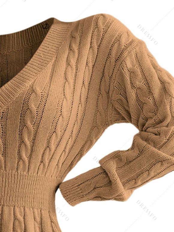 Mini Robe en Tricot à Câble en Couleur Unie à Goutte Epaule à Taille Plissée - café lumière L | US 8