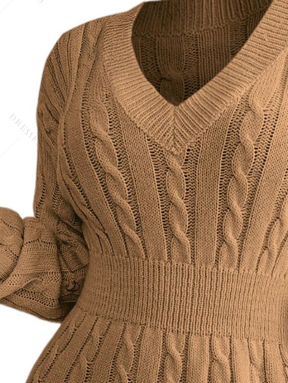 Mini Robe en Tricot à Câble en Couleur Unie à Goutte Epaule à Taille Plissée - café lumière L | US 8
