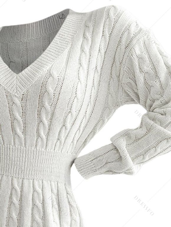 Mini Robe en Tricot à Câble en Couleur Unie à Goutte Epaule à Taille Plissée - Blanc L | US 8
